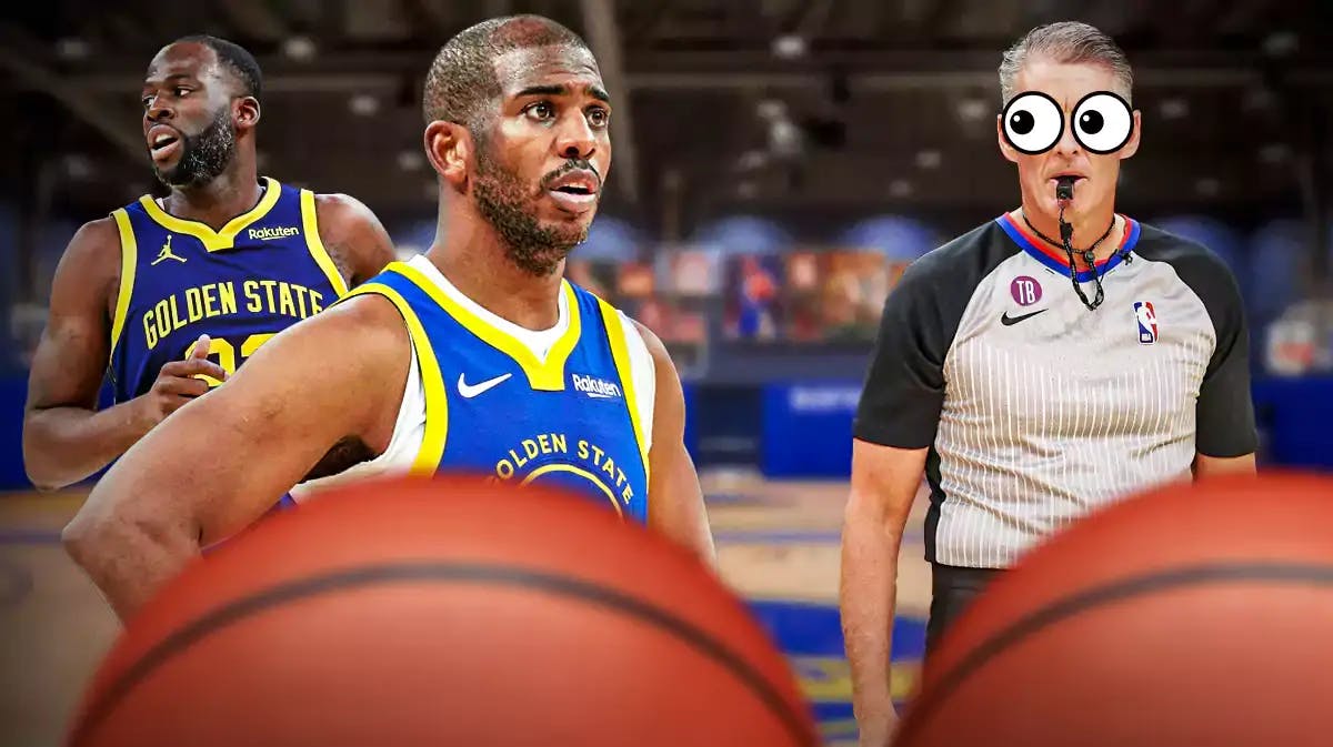 Chris Paul and Draymond Green on one side, Paul with a speech bubble that says “Soon…”, Scott Foster on the other side with the big eyes emoji over his face