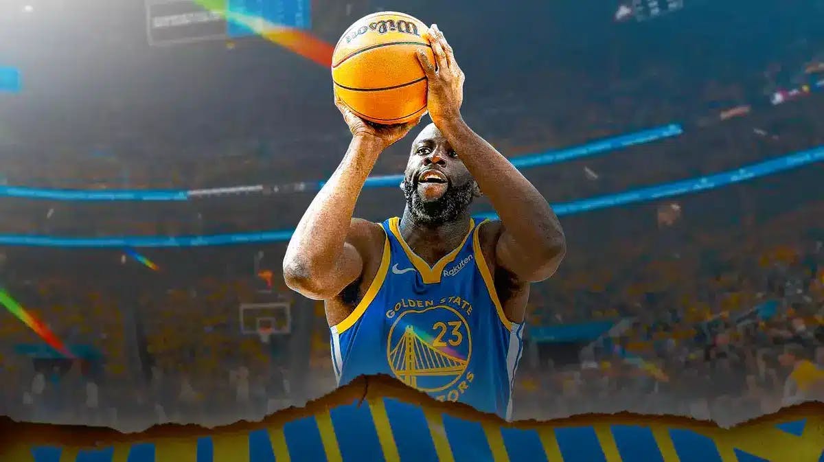 Draymond Green shooting a basketball with the Warriors logo in background.