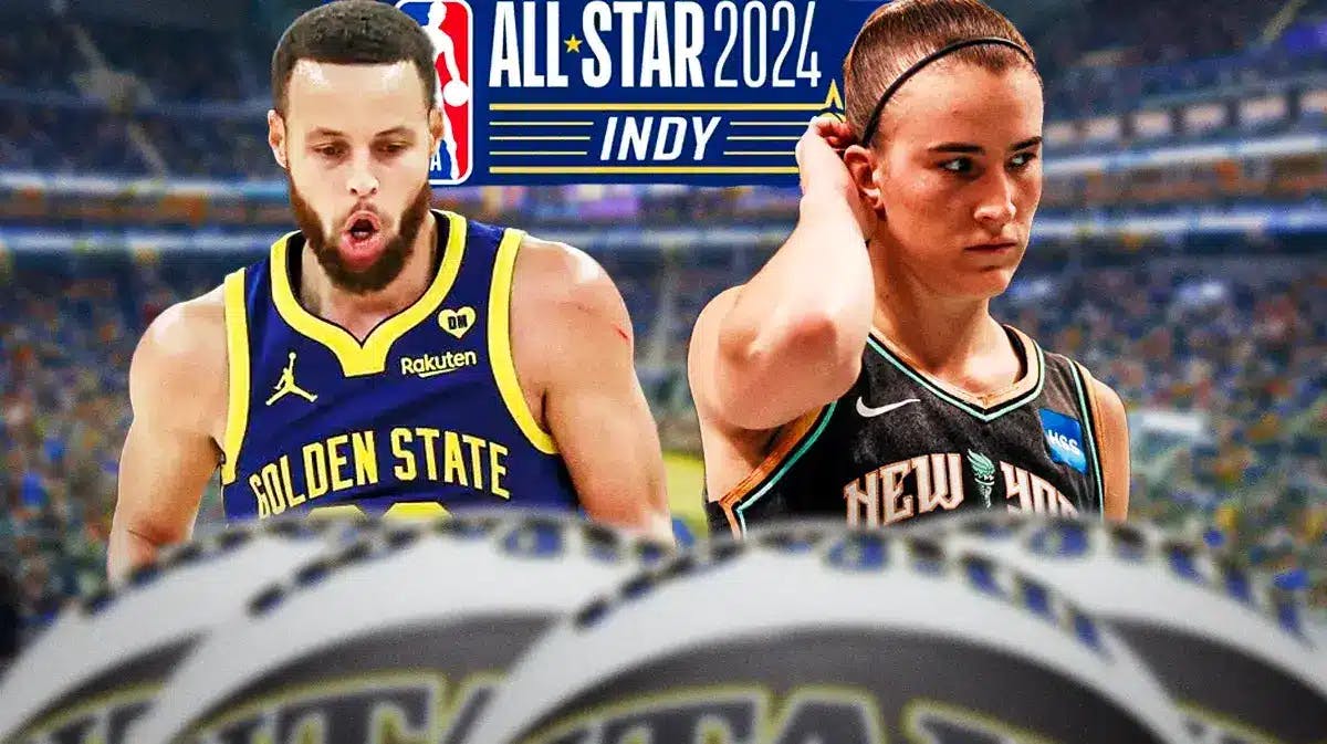 All-Star Three-Point Contest opponents Warriors Stephen Curry with Sabrina Ionescu with the NBA All-Star logo