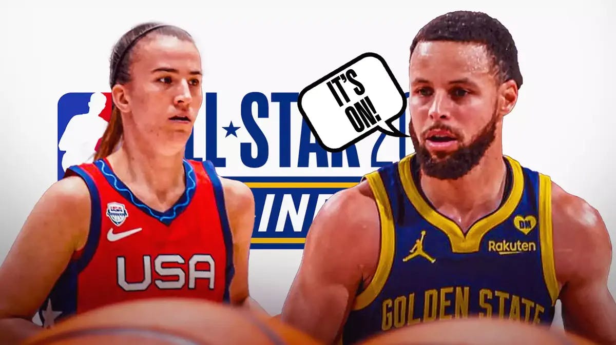 Warriors superstar Stephen Curry with Liberty phenom Sabrina Ionescu with the NBA All-Star Weekend logo