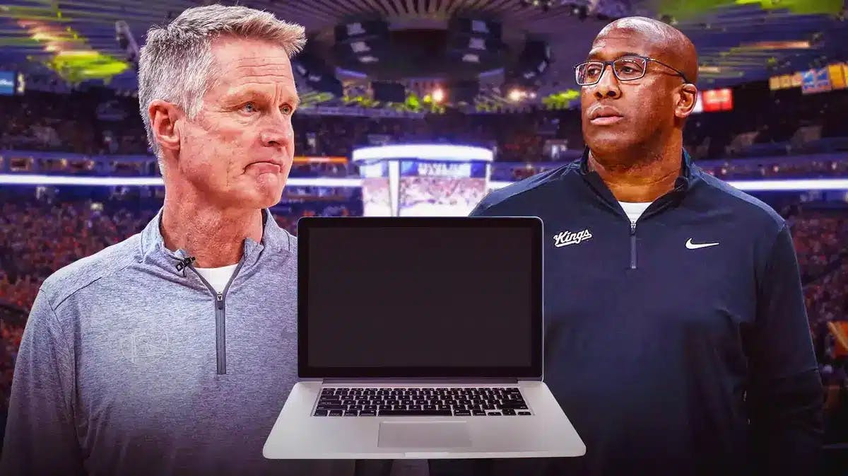 Steve Kerr and Mike Brown with laughing emojis around them. Laptop between them