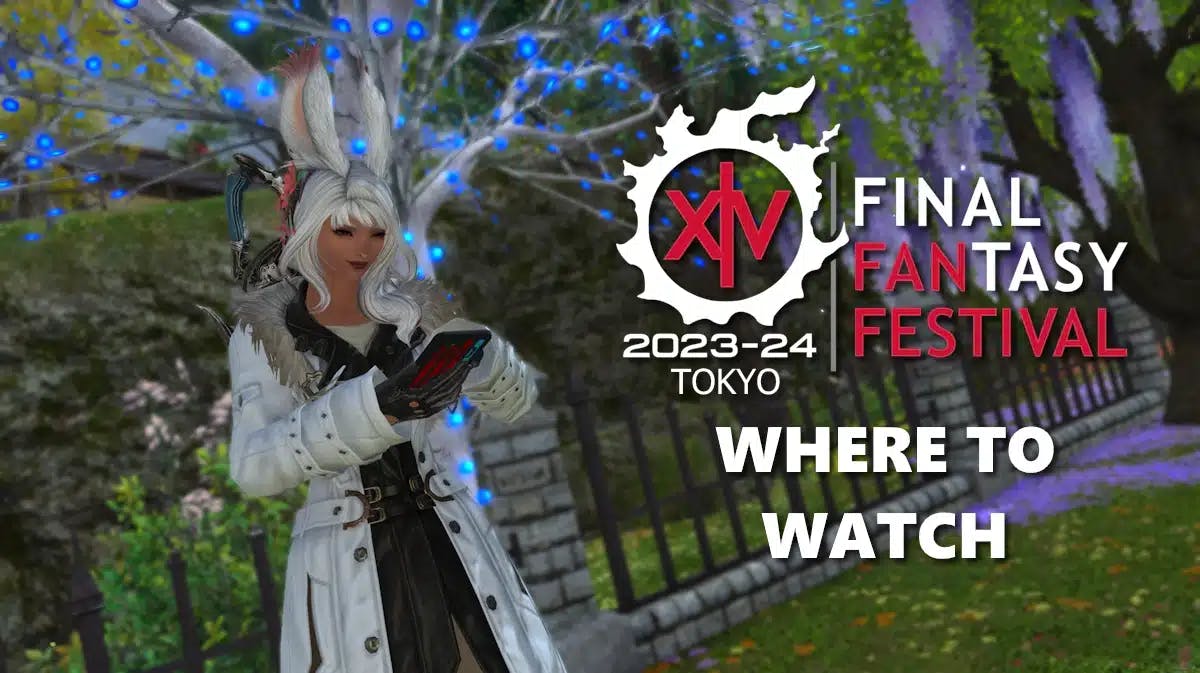 where watch japan fan fest 2024, japan fan fest 2024, ff14 japan fan fest, ff14 fan fest 2024, ff14, an in-game screenshot of a character using their tomestone with the fan fest logo on the right side and then words where to watch under it