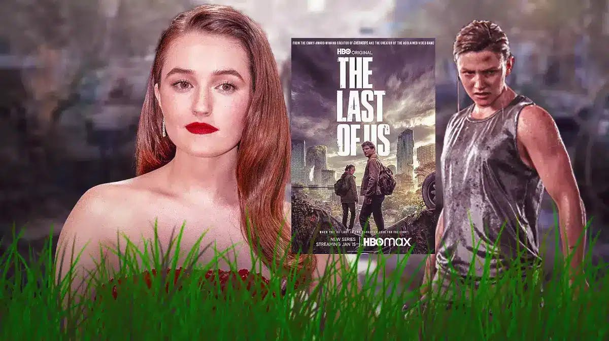 Kaitlyn Dever next to The Last of Us poster and Abby from the game.