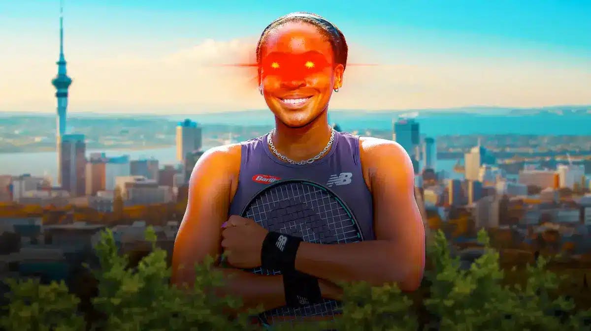 Women’s tennis player Coco Gauff, in her tennis uniform, with red laser eyes, with the city of Auckland, New Zealand in the background