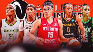 WNBA players Kalani Brown (Dallas Wings), Sydney Colson (Las Vegas Aces), Allisha Gray (Atlanta Dream), Kelsey Mitchell (Indiana Fever) and Tiffany Mitchell (Minnesota Lynx) with the Athletes Unlimited logo behind them