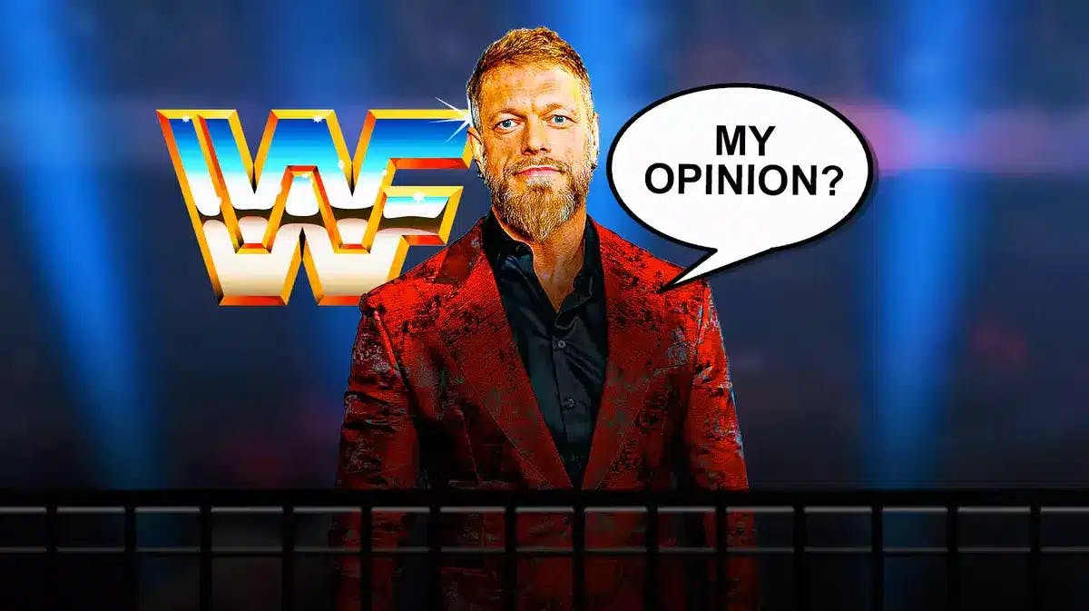 Adam Copeland with a text bubble reading “My opinion?” with the 1990s WWF logo as the background.