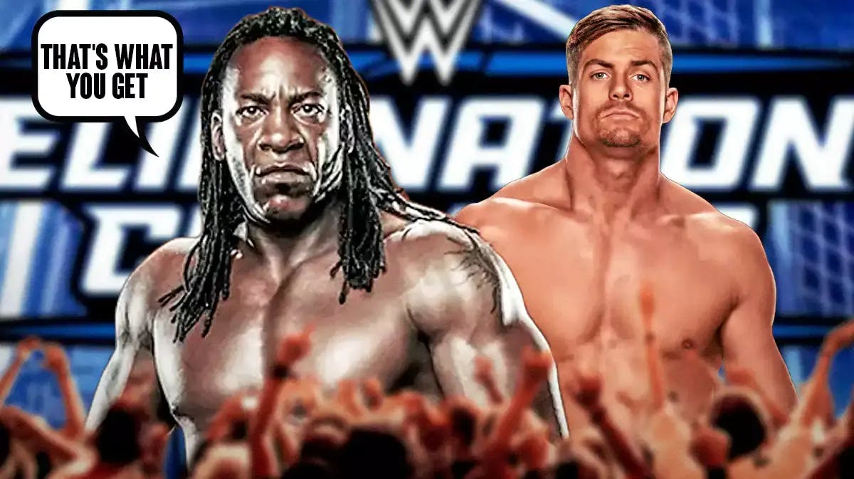 Booker T with a text bubble reading “That's what you get” next to Grayson Waller with the 2024 Elimination Chamber logo as the background.