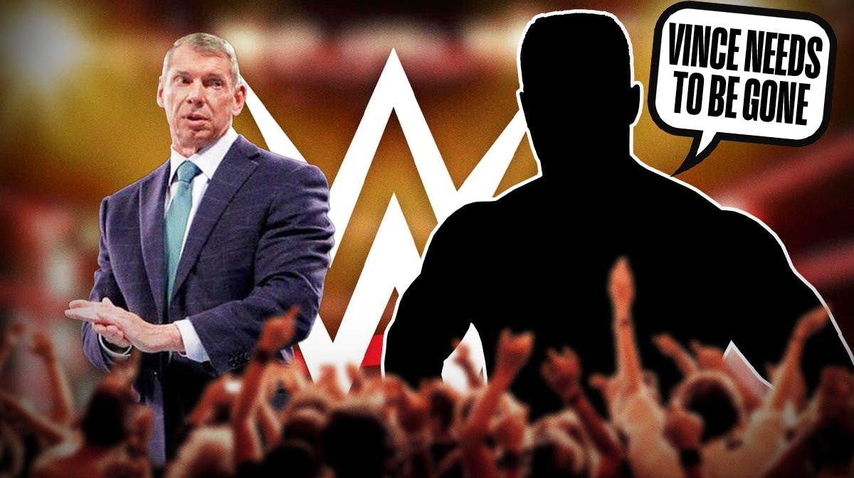 The blacked-out silhouette of Lance Storm with a text bubble reading “Vince needs to be gone” next to Vince McMahon with the WWE logo as the background.