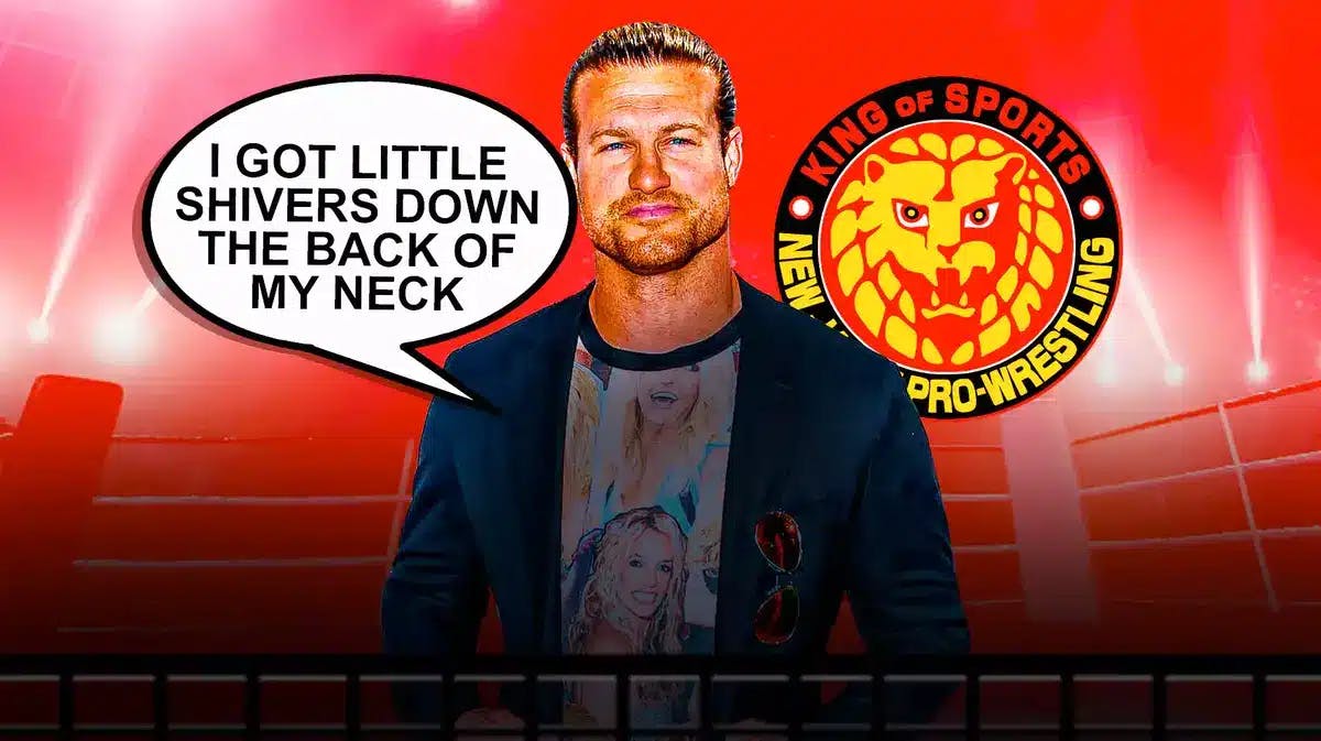 Dolph Ziggler with a text bubble reading “I got little shivers down the back of my neck” with the New Japan Pro Wrestling logo as the background.