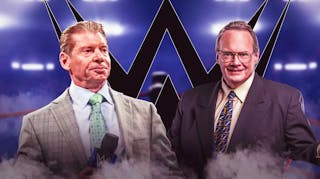 Jim Cornette next to Vince McMahon with the WWE logo as the background.