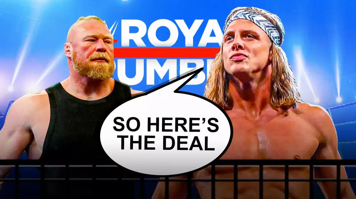 Matt Riddle with a text bubble reading “So here’s the deal” next to Brock Lesnar with the Royal Rumble logo as the background.