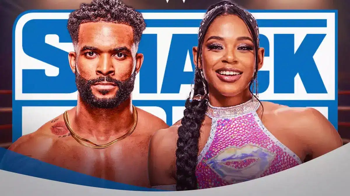 Montez Ford and Bianca Belair with the SmackDown logo as the background.