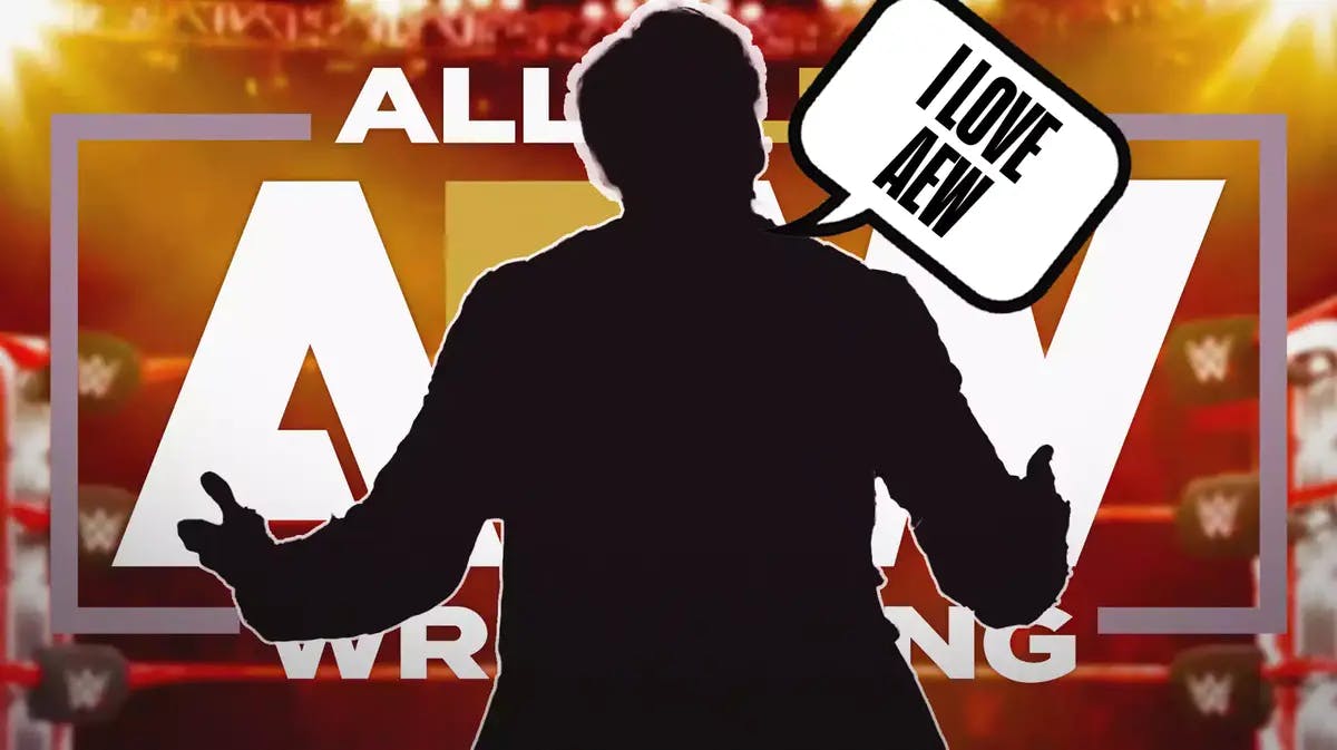 The blacked-out silhouette of Mansoor with a text bubble reading “I love AEW” with the AEW logo as the background.