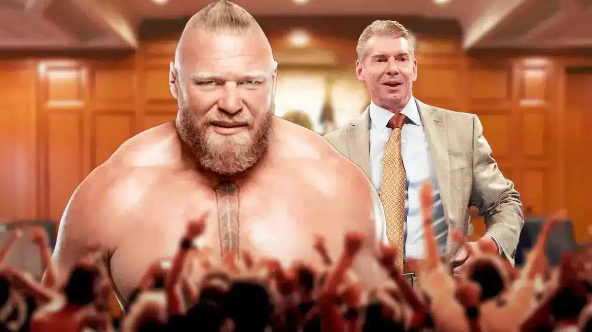 WWE star Brock Lesnar and Vince McMahon in courtroom.
