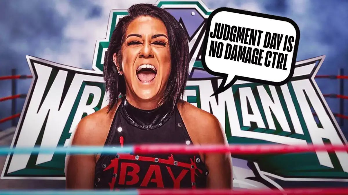 Bayley with a text bubble reading “Judgment Day is no Damage CTRL” with the WrestleMania 40 logo as the background.