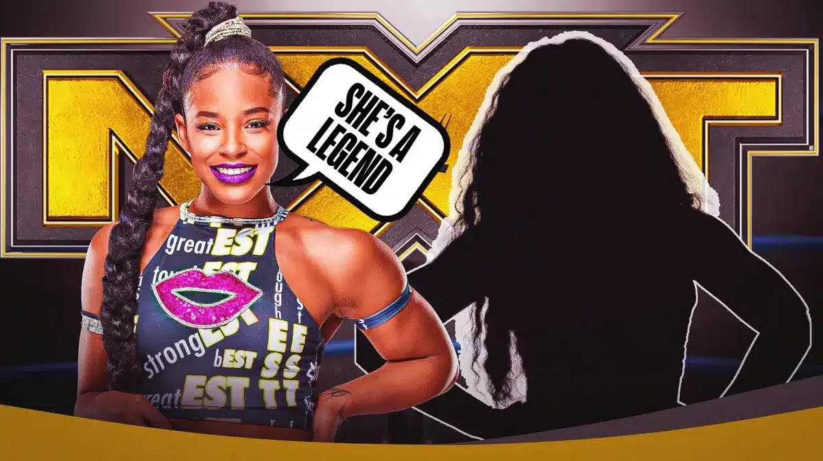 Bianca Belair with a text bubble reading “She’s a Legend” next to the blacked-out silhouette of Lash Legend with the NXT logo as the background.