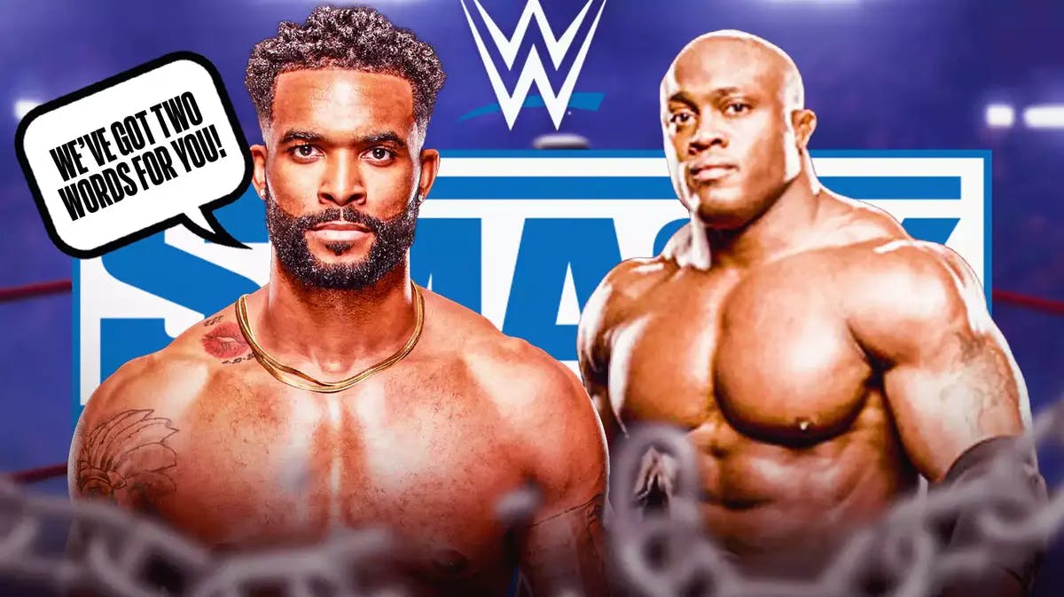 Montez Ford with a text bubble reading “We’ve got two words for you!” next to Bobby Lashley with the SmackDown logo as the background.