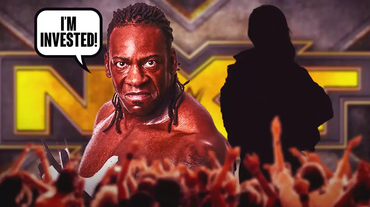 Booker T with a text bubble reading “I’m invested!” next to the blacked-out silhouette of Roxanne Perez with the NXT logo as the background.
