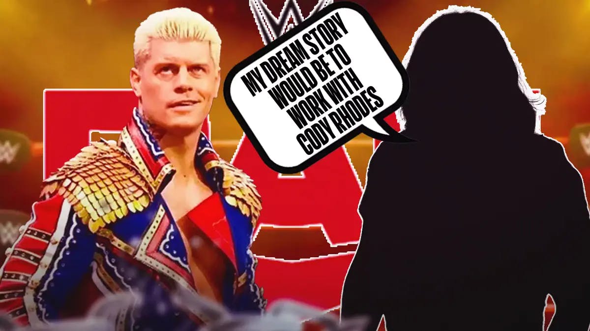 The blacked-out silhouette of Lexis King with a text bubble reading “My dream story would be to work with Cody Rhodes” next to Cody Rhodes with the RAW logo as the background.