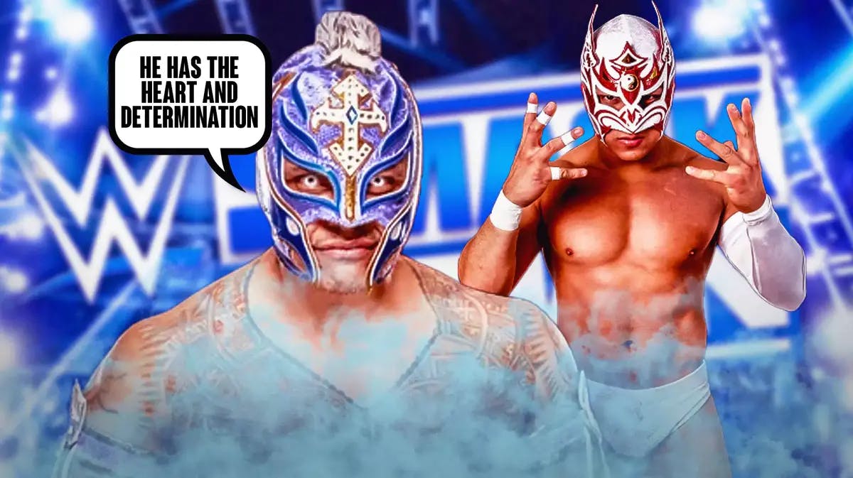 Rey Mysterio with a text bubble reading “He has the heart and determination” next to Dragon Lee with the SmackDown logo as the background.