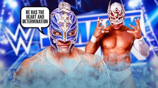 Rey Mysterio with a text bubble reading “He has the heart and determination” next to Dragon Lee with the SmackDown logo as the background.