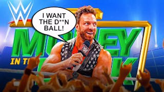 LA Knight with a text bubble reading “I want the d**n ball!” with the 2023 Money in the Bank logo as the background.