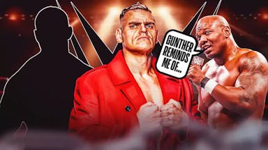Shelton Benjamin with a text bubble reading “Gunther reminds me of…” next to Gunther and the blacked-out silhouette of Randy Orton with the WWE logo as the background.