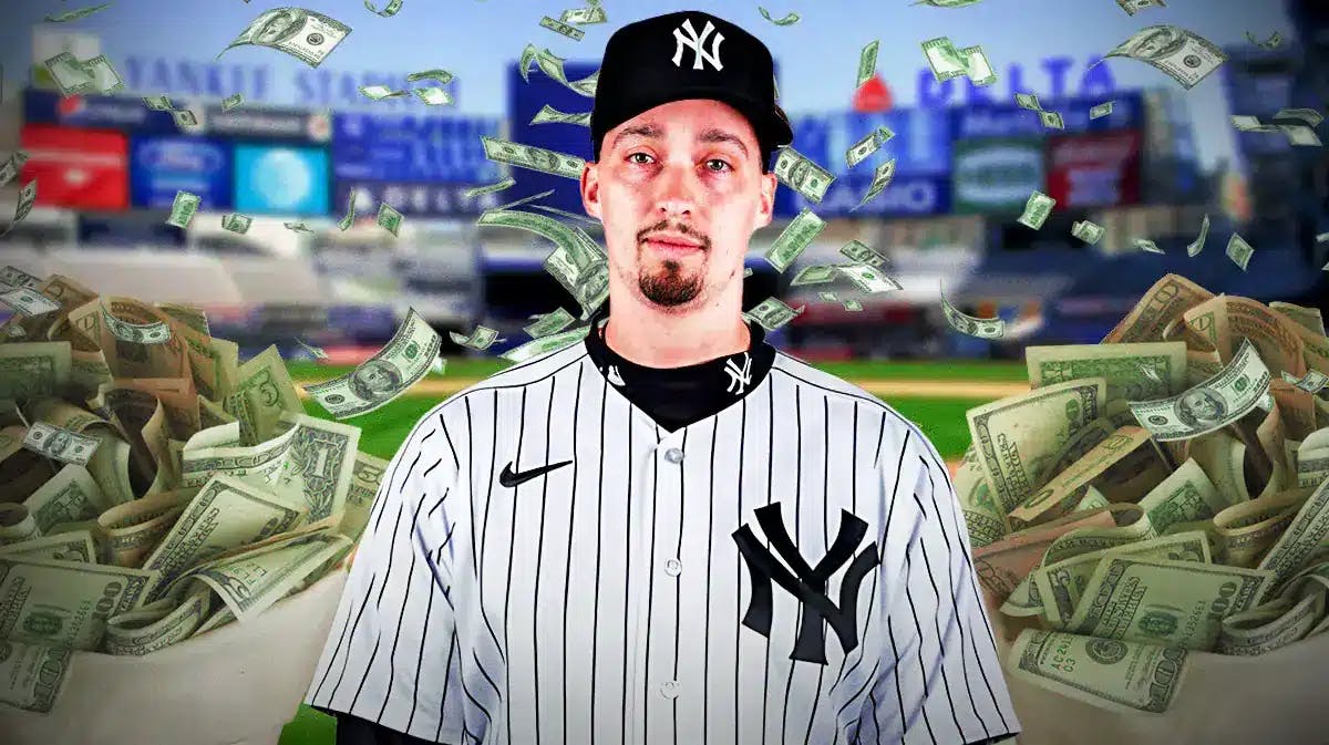 Blake Snell in a Yankees jersey with money all around him