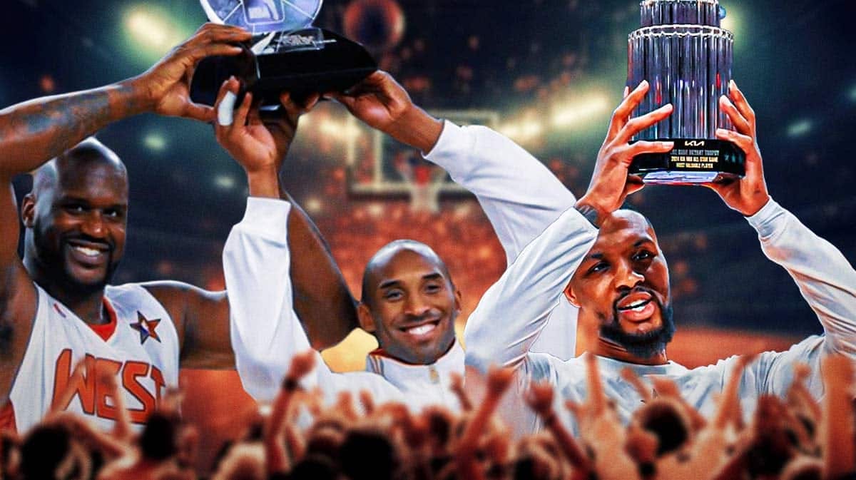 Shaquille O'Neal, Kobe Bryant and Damian Lillard holding All-Star Game MVP trophies.
