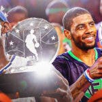 LeBron James and Kyrie Irving holding NBA All-Star Game MVP trophies.