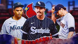 White Sox’s Dylan Cease, Guardians' Shane Bieber, Marlins' Jesus Luzardo all in image. St. Louis Cardinals' logo in background.