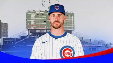 Pete Alonso in a Cubs jersey at Wrigley Field.