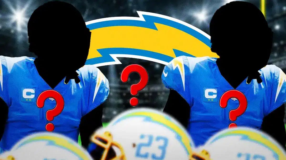 Two silhouetted LA Chargers players, LA Chargers logo in middle, 3-5 question marks, football field in background