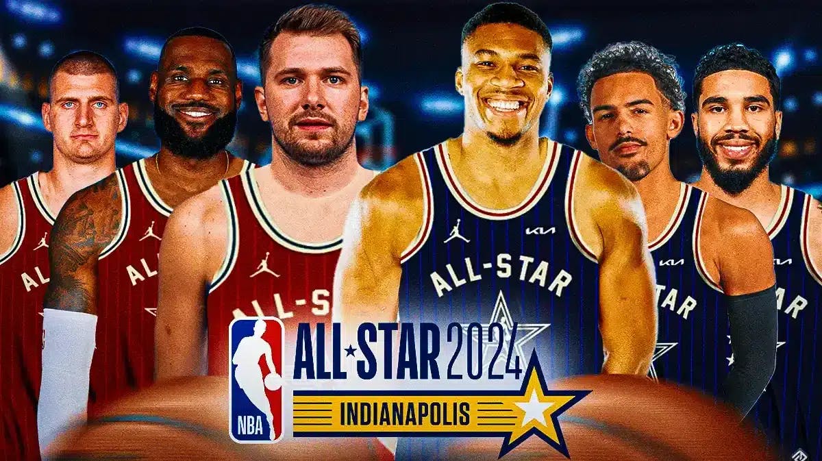 Nikola Jokic, Luka Doncic, LeBron James on one side wearing Western Conference All-Star jerseys. On other side is Giannis Antetokounmpo, Jayson Tatum, Trae Young wearing Eastern Conference All-Star jerseys. Front bottom of the graphic is the 2024 All-Star logo