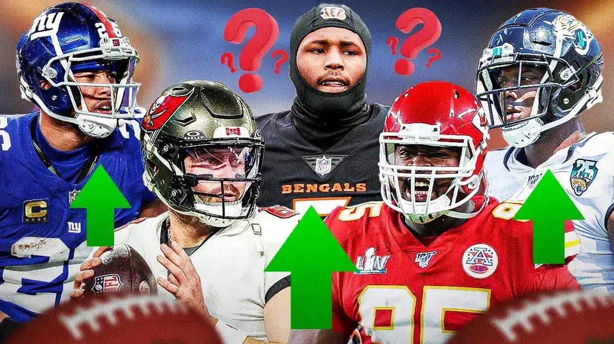 Chris Jones, Josh Allen (Jaguars linebacker), Baker Mayfield, Saquon Barkley. Tee Higgins all together with question marks and arrows all around the graphic.