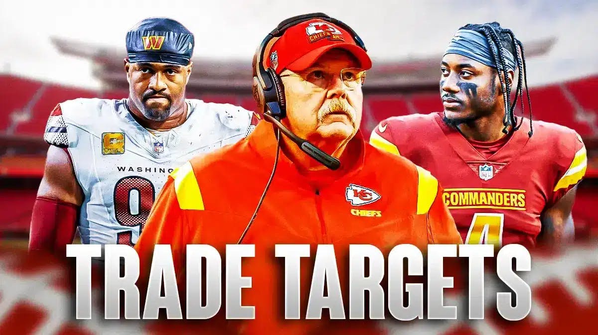 Coach Andy Reid in the middle, Curtis Samuel, Jonathan Allen around him, and Kansas City Chiefs wallpaper in the background.