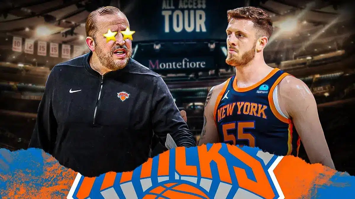Knicks Tom Thibodeau with stars in his eyes looking at Isaiah Hartenstein