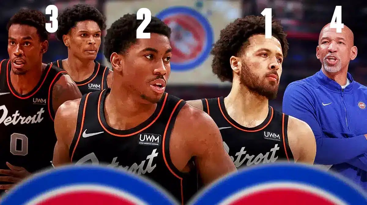 Pistons logo background with Cade Cunningham with a “1” over him, Jaden Ivey (2) Jalen Duren and Ausar Thompson next to each other (3) and Monty Williams (4)