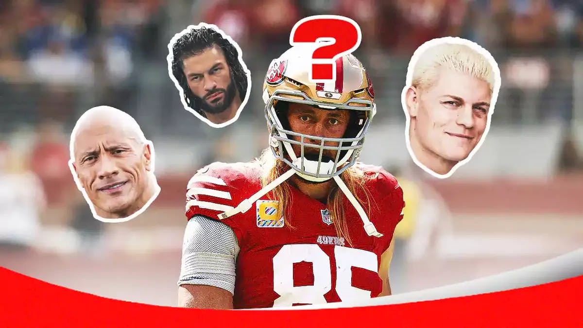 49ers' George Kittle in the middle, with question marks all over Kittle, with heads of The Rock, Cody Rhodes and Roman Reigns all around Kittle