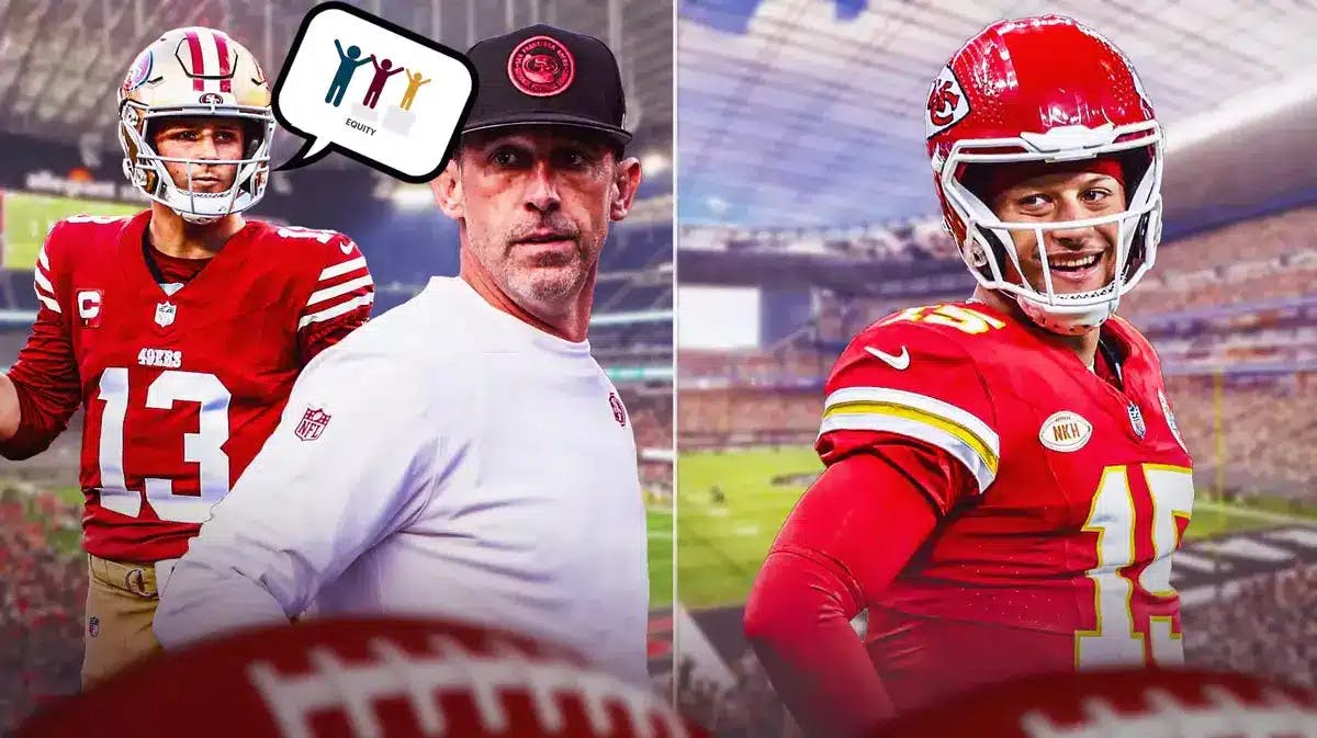 49ers' Kyle Shanahan and Brock Purdy looking serious, with thought bubble containing equity image (see above) on Shanahan, while Chiefs' Patrick Mahomes is smiling / background is split in the middle, behind Shanahan and Purdy is the UNLV football field, behind Mahomes is the Raiders football field