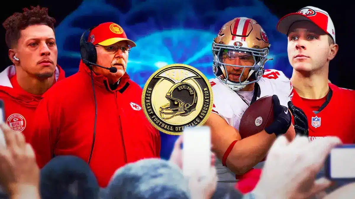 Chiefs' Patrick Mahomes and Andy Reid with the galaxy brain meme behind them on the left, a coin being flipped in the middle, with 49ers' Brock Purdy and Kyle Juszczyk looking confused on the right