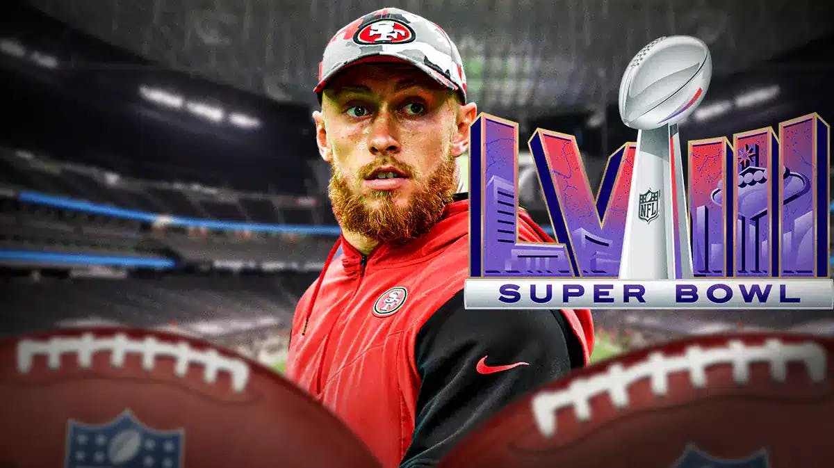 49ers, George Kittle, Kyle Shanahan, George Kittle 49ers, Super Bowl, George Kittle in 49ers uni and 2024 super bowl logo with Allegiant Stadium in the background