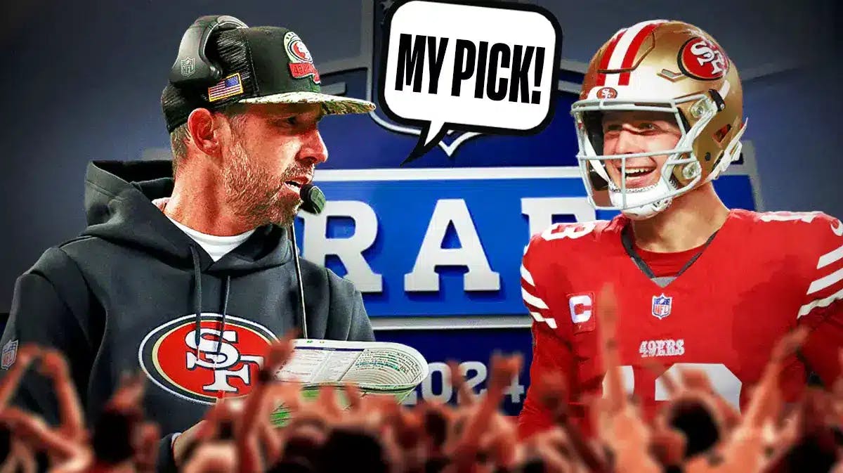 49ers coach Kyle Shanahan with speech bubble “My Pick!” next to Brock Purdy with 2022 NFL Draft background