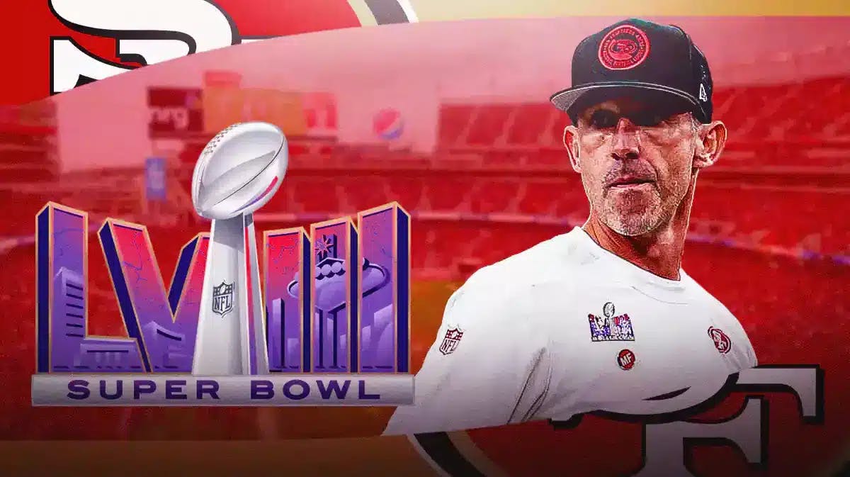 49ers coach Kyle Shanahan next to Super Bowl 58 logo