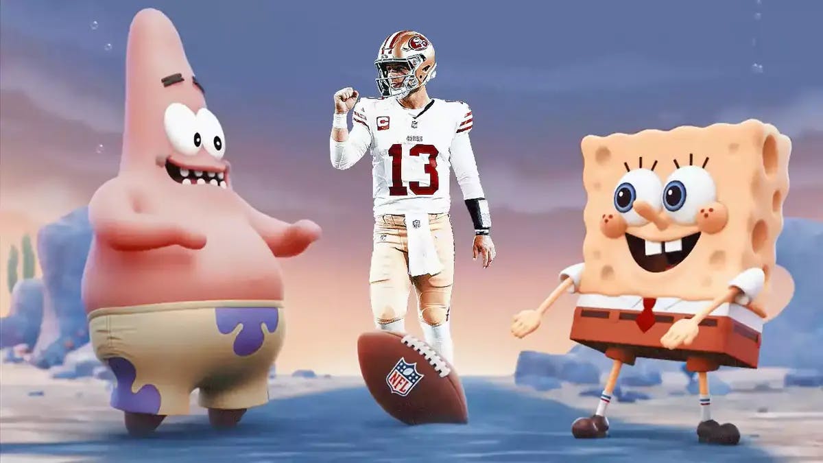 Spongebob and Patrick Star with Brock Purdy (49ers) in the middle and with the football in front of him