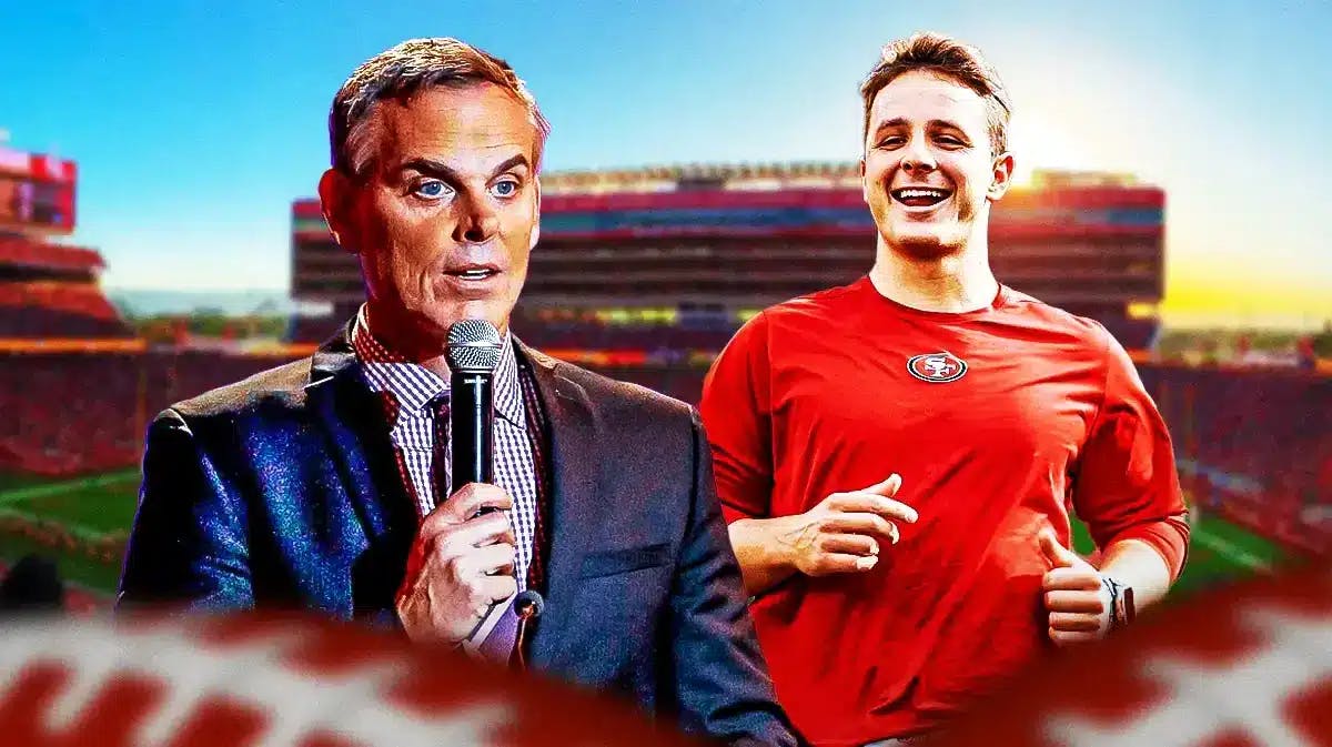Sports analyst Colin Cowherd and San Francisco 49ers star Brock Purdy in front of Levi's Stadium.