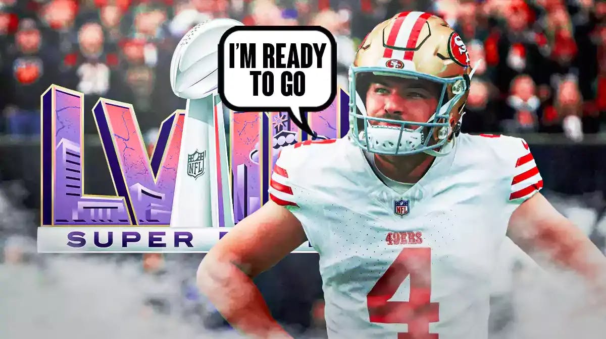 Jake Moody saying “I’m ready to go” Super Bowl 58 logo
