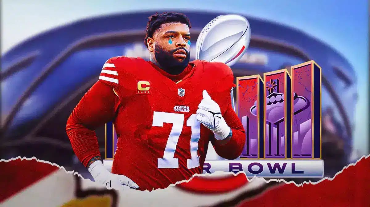 49ers' Trent Williams with animated tears and Super Bowl 58 logo in the background
