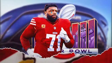 49ers' Trent Williams with animated tears and Super Bowl 58 logo in the background
