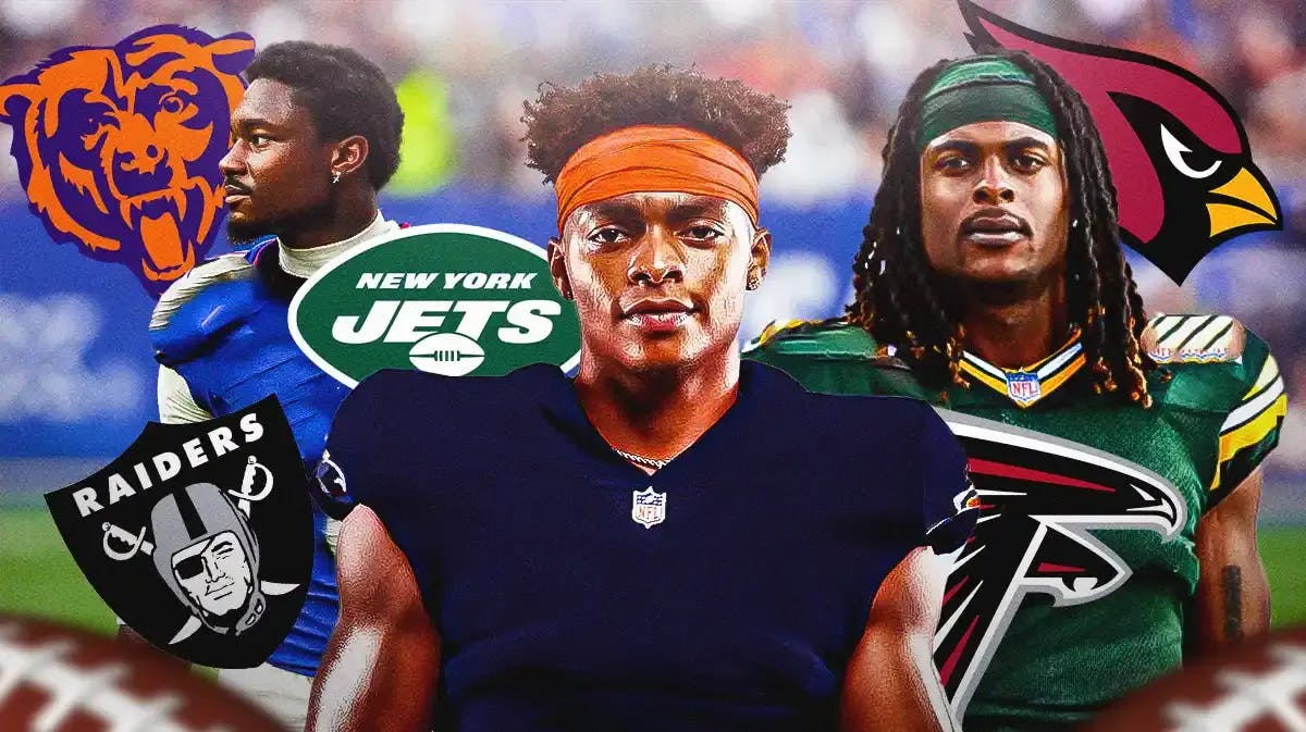 Justin Fields, Davante Adams and Stefon Diggs in mystery jerseys next to Bears, Raiders, Jets, Falcons and Cardinals logos